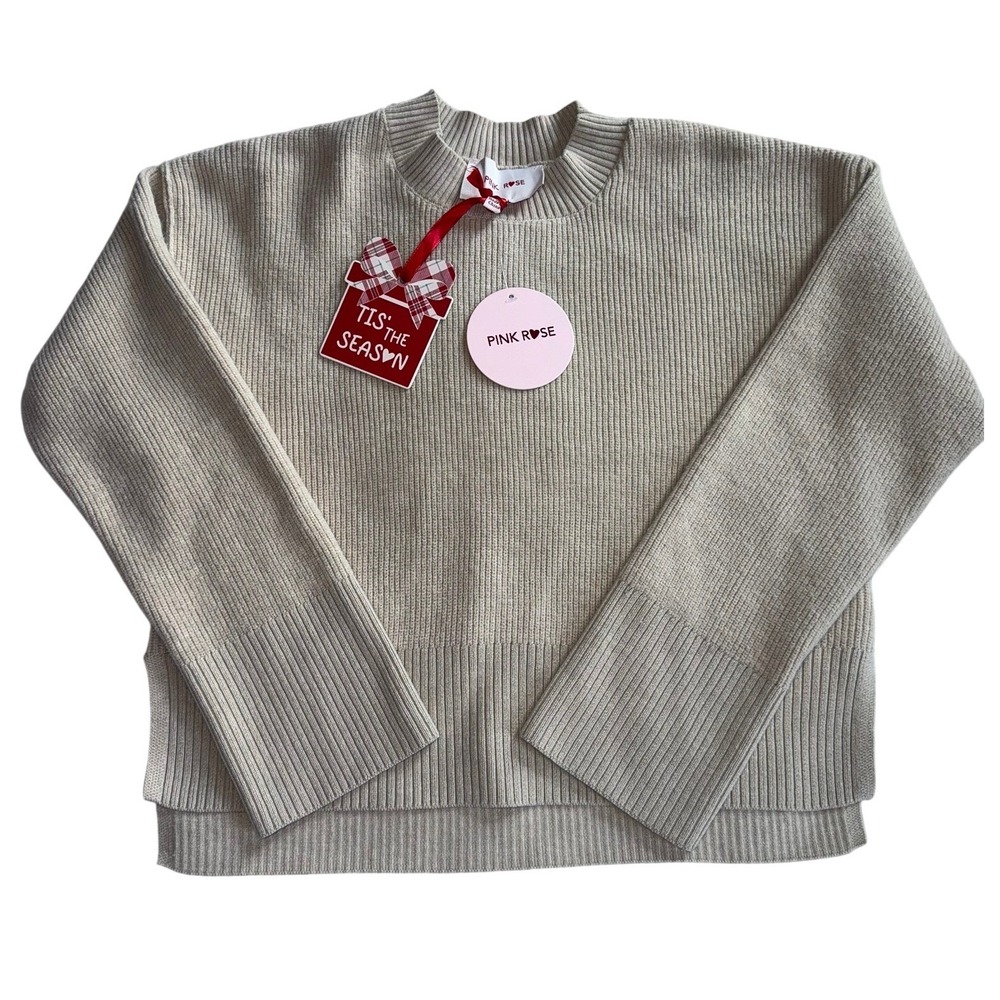 Pink Rose Womens Ribbed Knit Sweater Oatmeal Beige Crew Neck Pullover S